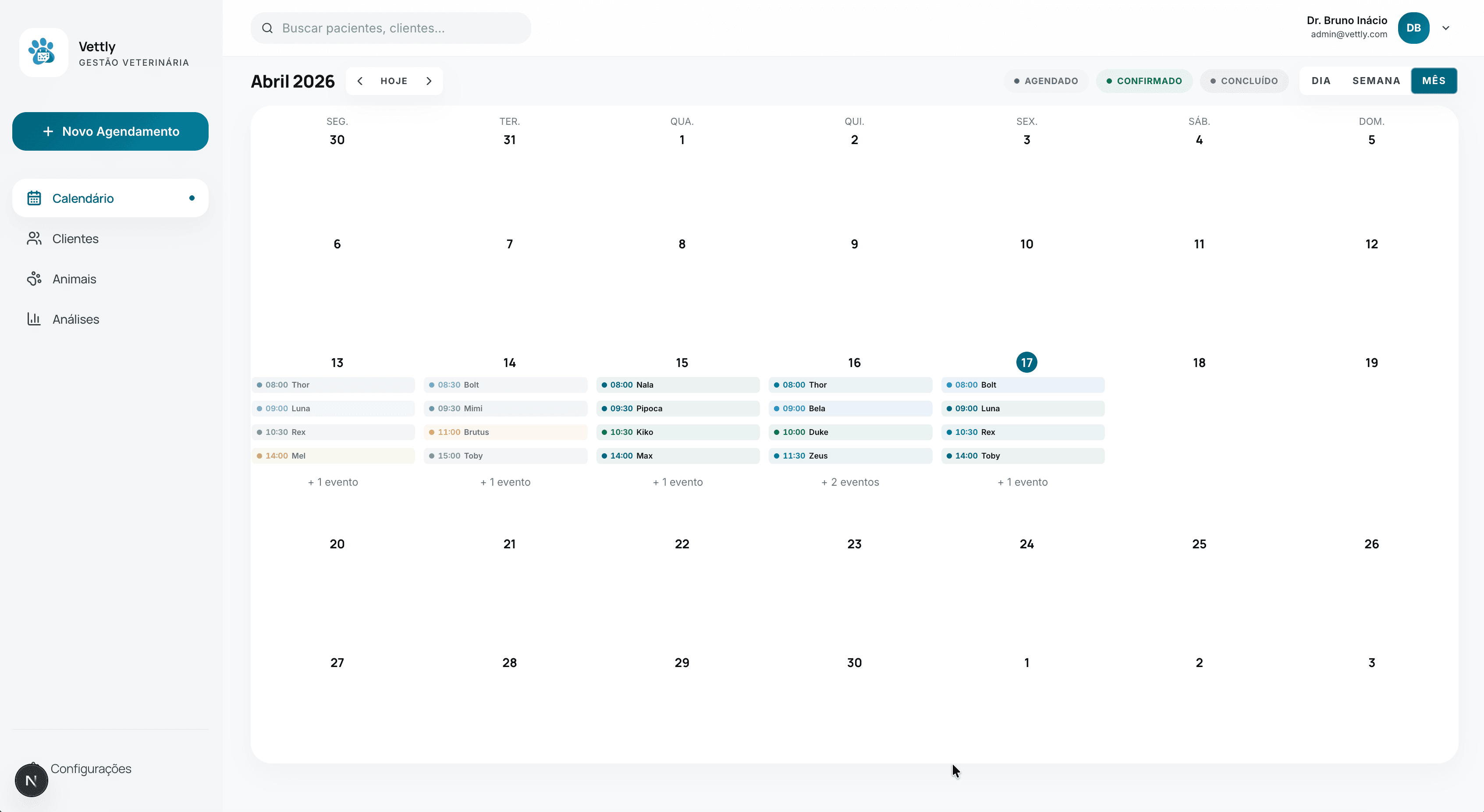 Interface do Vettly mostrando calendário de atendimentos, ficha de pacientes e relatórios
